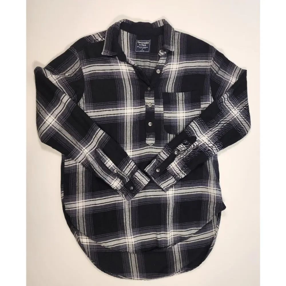 Abercrombie & Fitch Plaid Flannel‎ Shirt Gray Black Button S